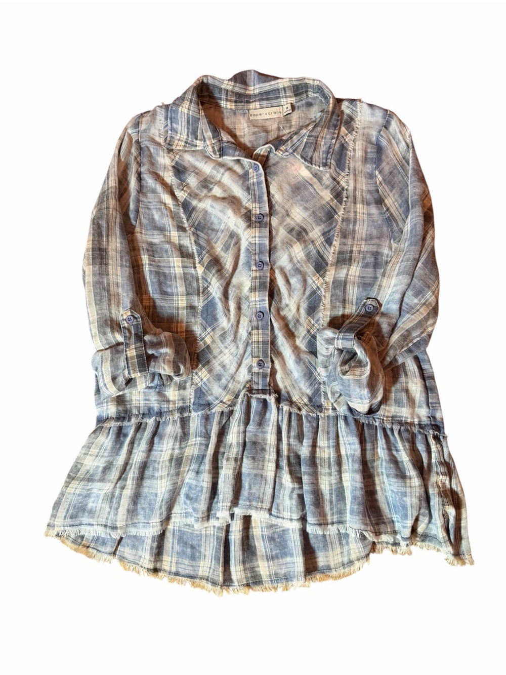 Paper Crane Blue Plaid Button-Front Ruffle Hem Top